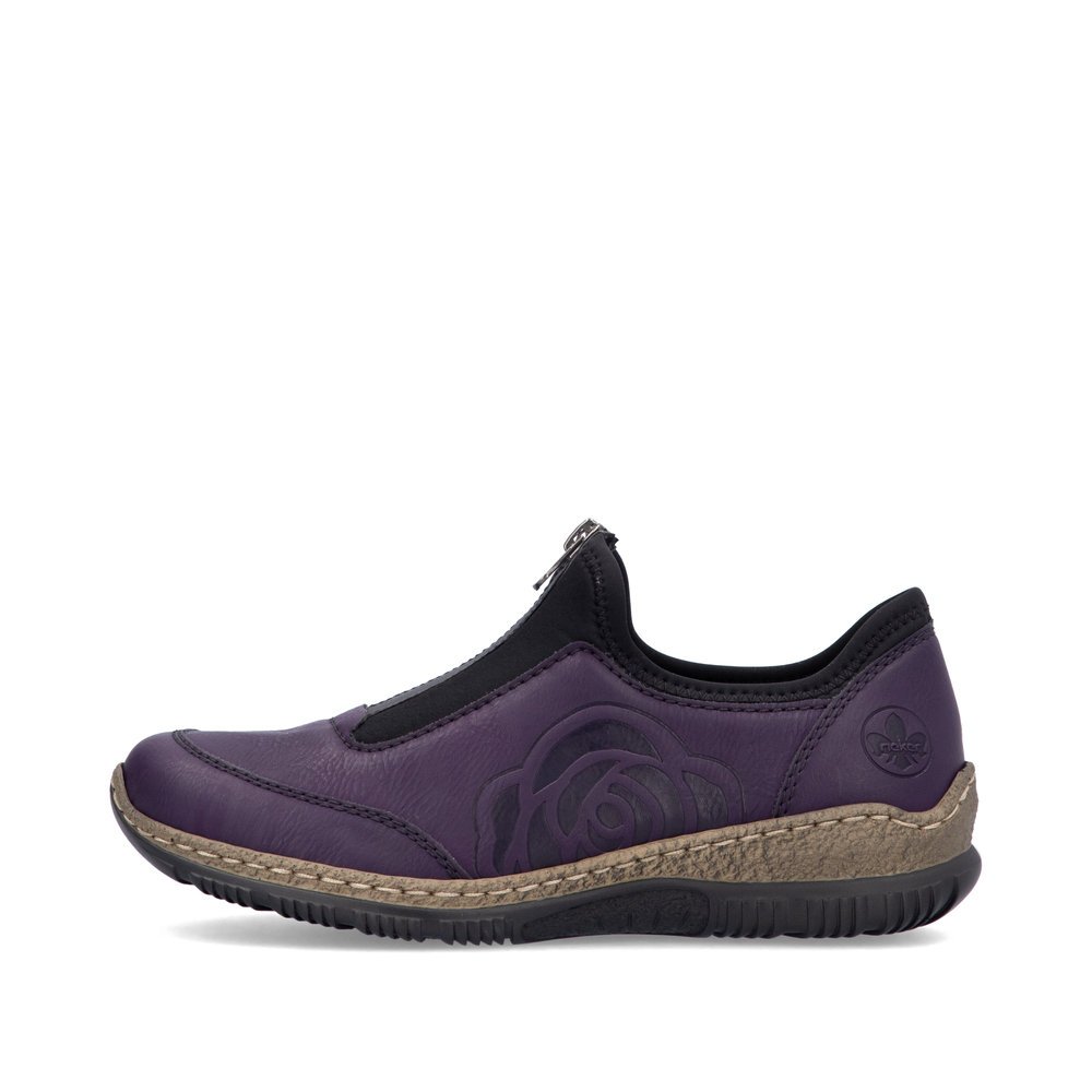 Auberginefarbene Rieker Damen Slipper N3279-30 mit einem Reißverschluss. Schuh Außenseite.