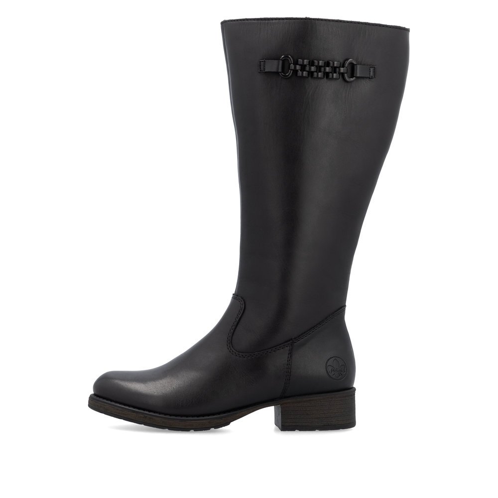 Night black Rieker women´s high boots Z9565-00 with a zipper. Outside of the shoe.