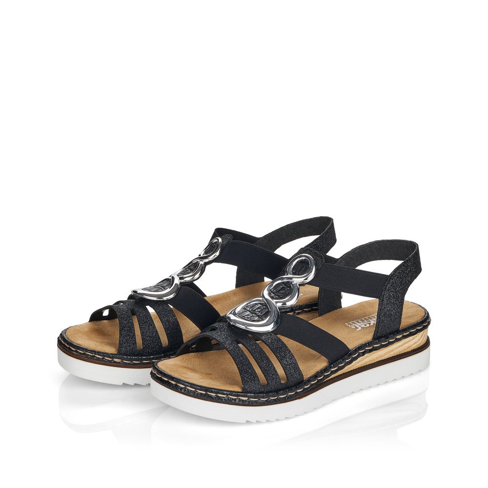 Jet black Rieker women´s wedge sandals 679L4-00 with an elastic insert. Shoes laterally.