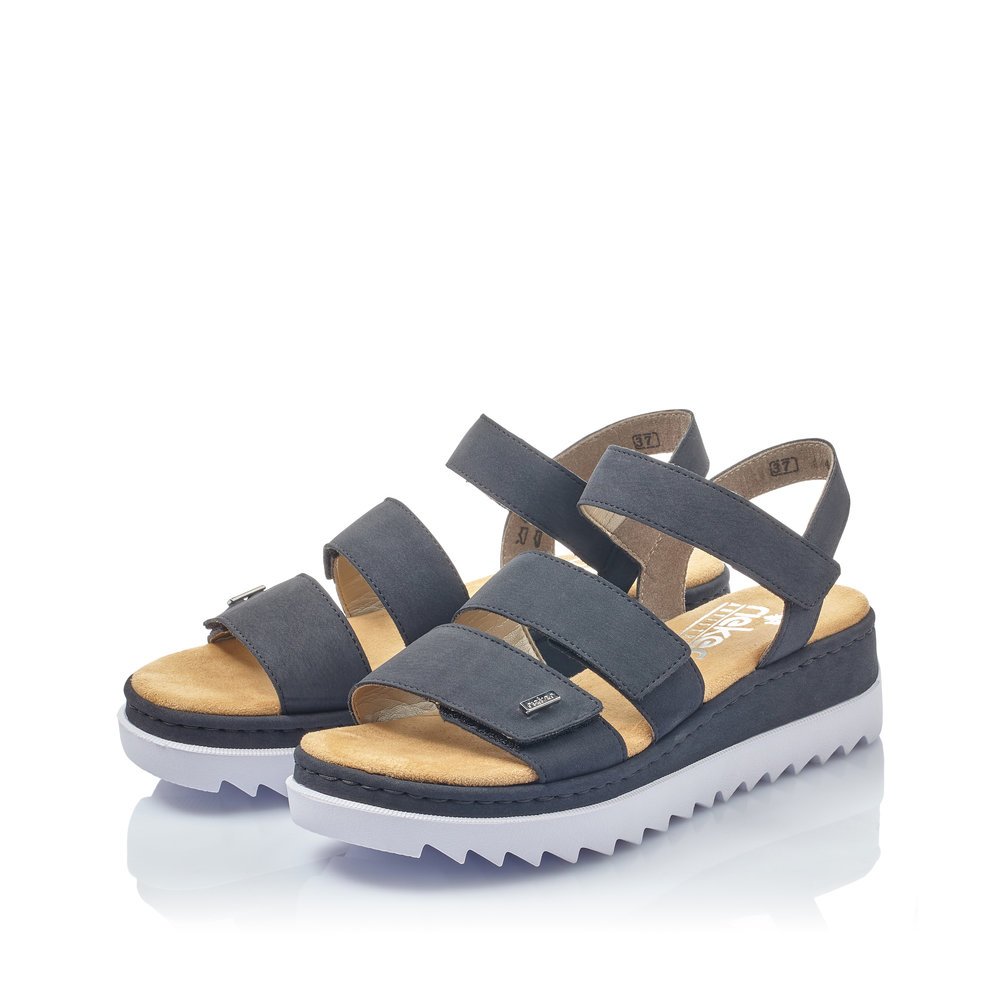 Steel blue Rieker women´s strap sandals V4424-14 with a hook and loop fastener. Shoes laterally.