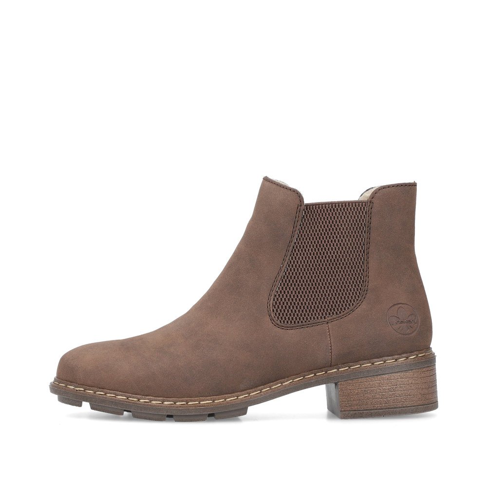 Zimtbraune Rieker Damen Chelsea Boots 77254-25 mit einem Reißverschluss. Schuh Außenseite.