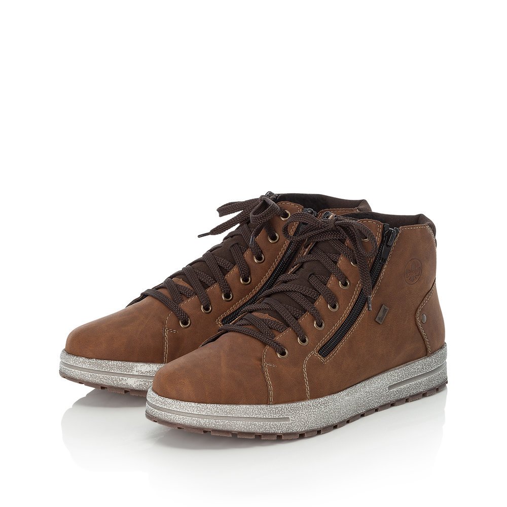 Brown Rieker men´s lace-up boots 30721-24 with RiekerTEX membrane as well as zipper. Shoes laterally.