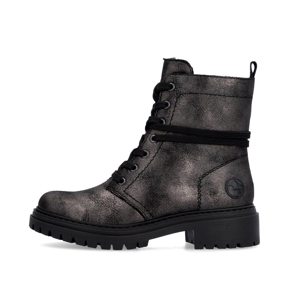 Carbon black Rieker women´s lace-up boots 72675-00 with a zipper. Outside of the shoe.