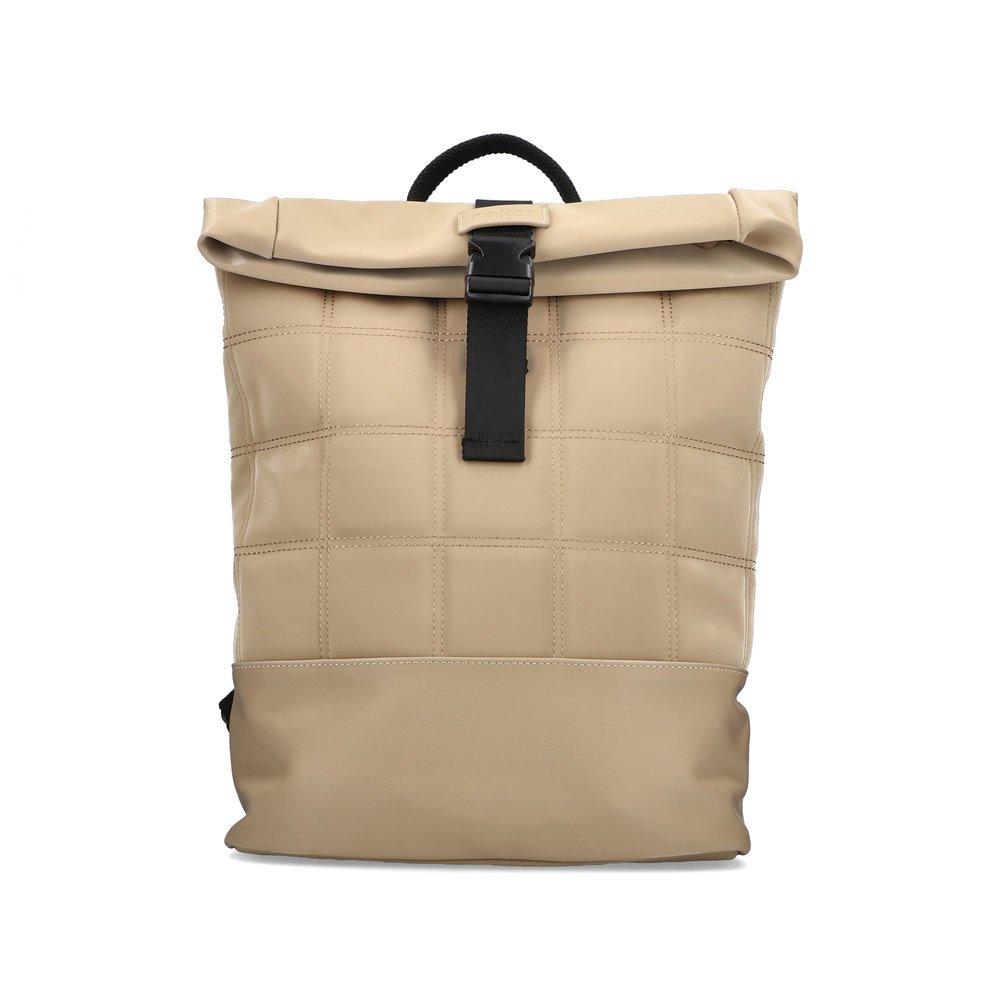 Rieker backpack H1551-60 in beige with practical roll-top, zipper and buckle as well as a 14" laptop pocket. Front.
