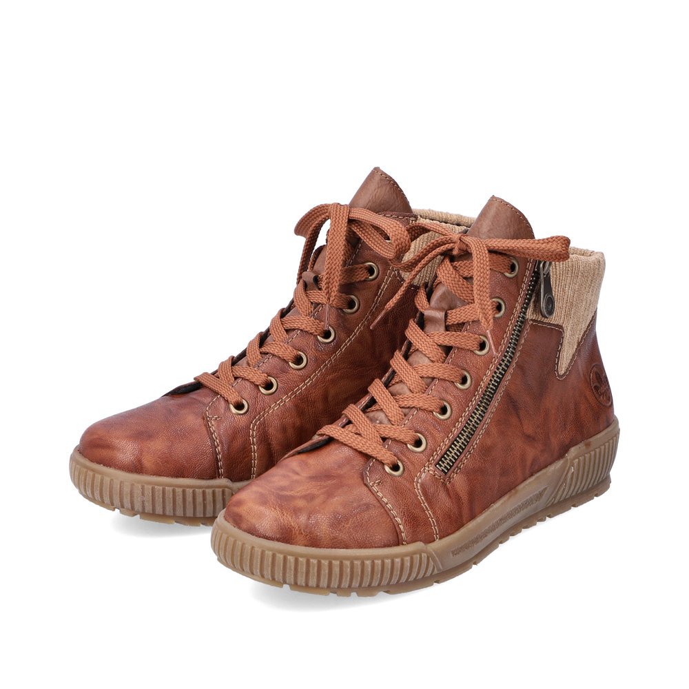 Fox brown Rieker women´s lace-up boots N0709-22 with shaft collar as well as zipper. Shoes laterally.