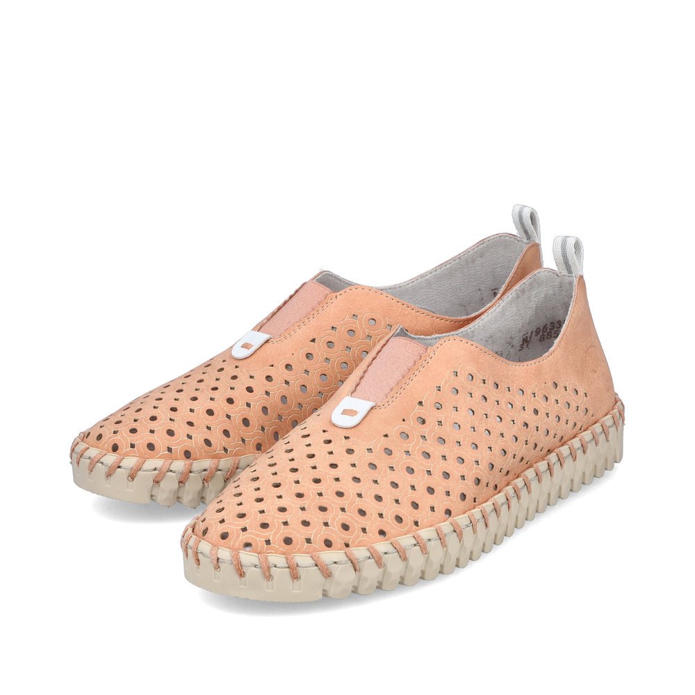 Orange Rieker women´s slippers N1963-38 with an elastic insert. Shoes laterally.