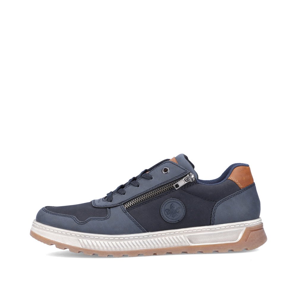 Sea blue Rieker men´s lace-up shoes 37029-14 with a brown details as well as zipper. Outside of the shoe.