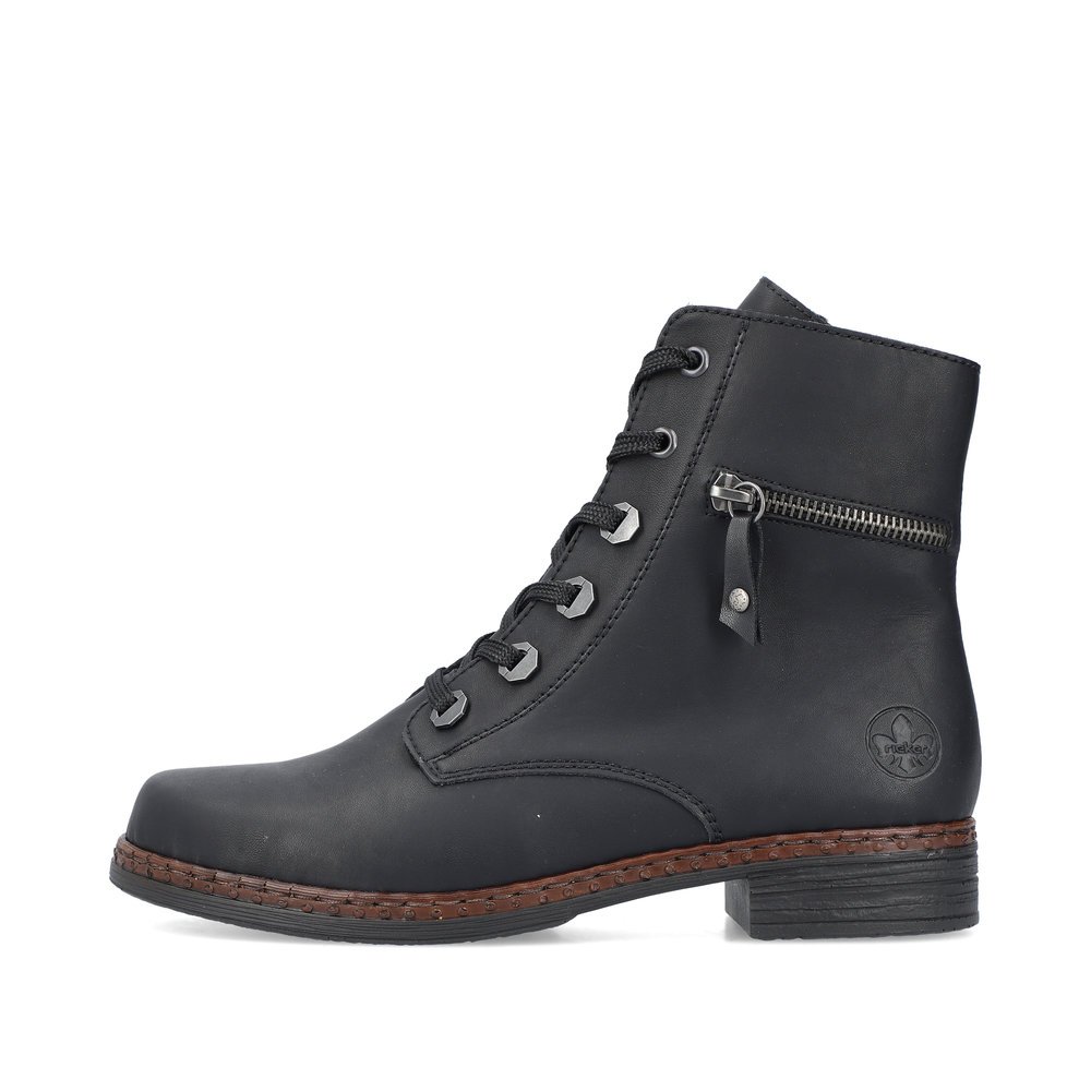 Carbonschwarze Rieker Damen Schnürstiefel 75142-01 mit einem Reißverschluss. Schuh Außenseite.