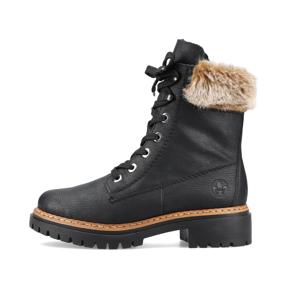 Black Rieker women´s lace-up boots 72630-00 with fur shaft collar as well as zipper. Outside of the shoe.