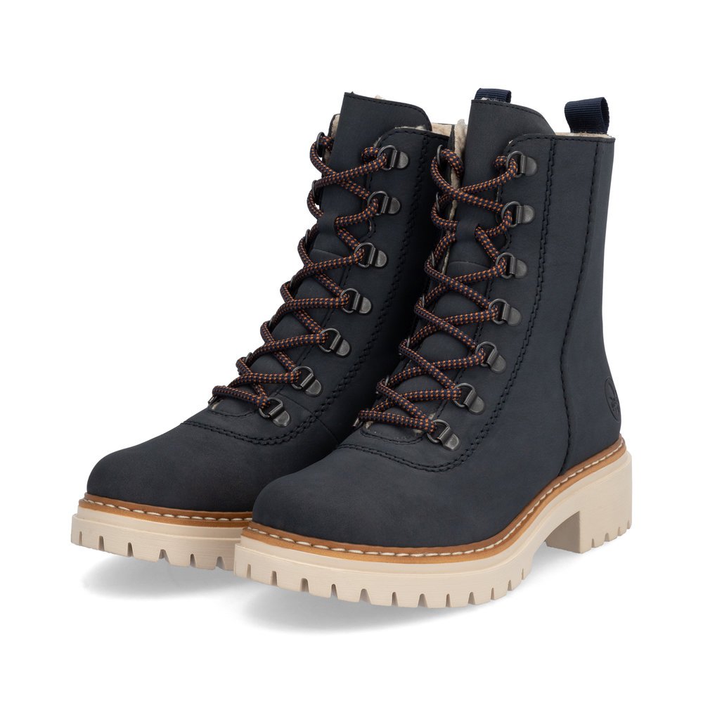 Dark blue Rieker women´s lace-up boots 72643-14 with a zipper. Shoes laterally.