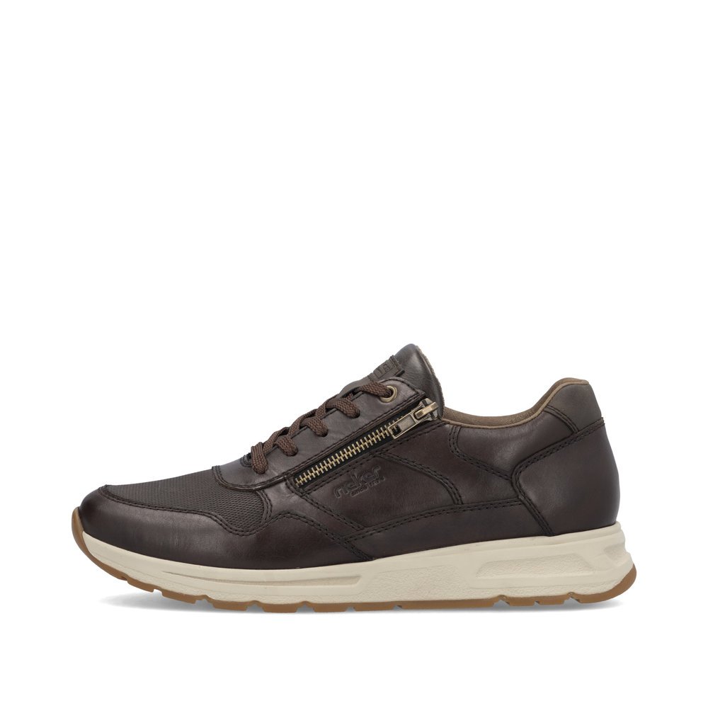 Brown Rieker men´s low-top sneakers B0701-25 with zipper as well as comfort width G. Outside of the shoe.