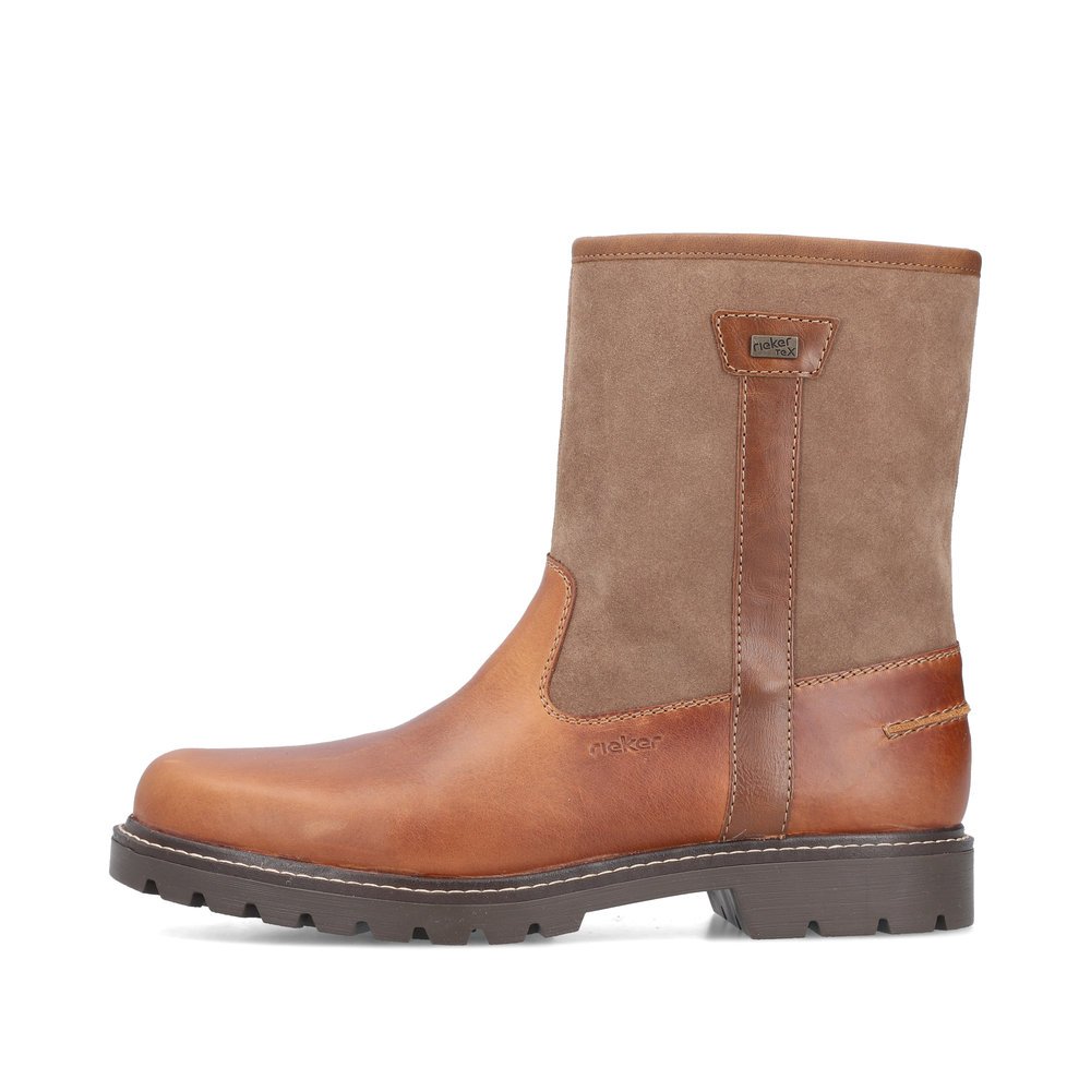 Fuchsbraune Rieker Herren Kurzstiefel 39872-24 mit griffiger Fiber-Grip Sohle. Schuh Außenseite.