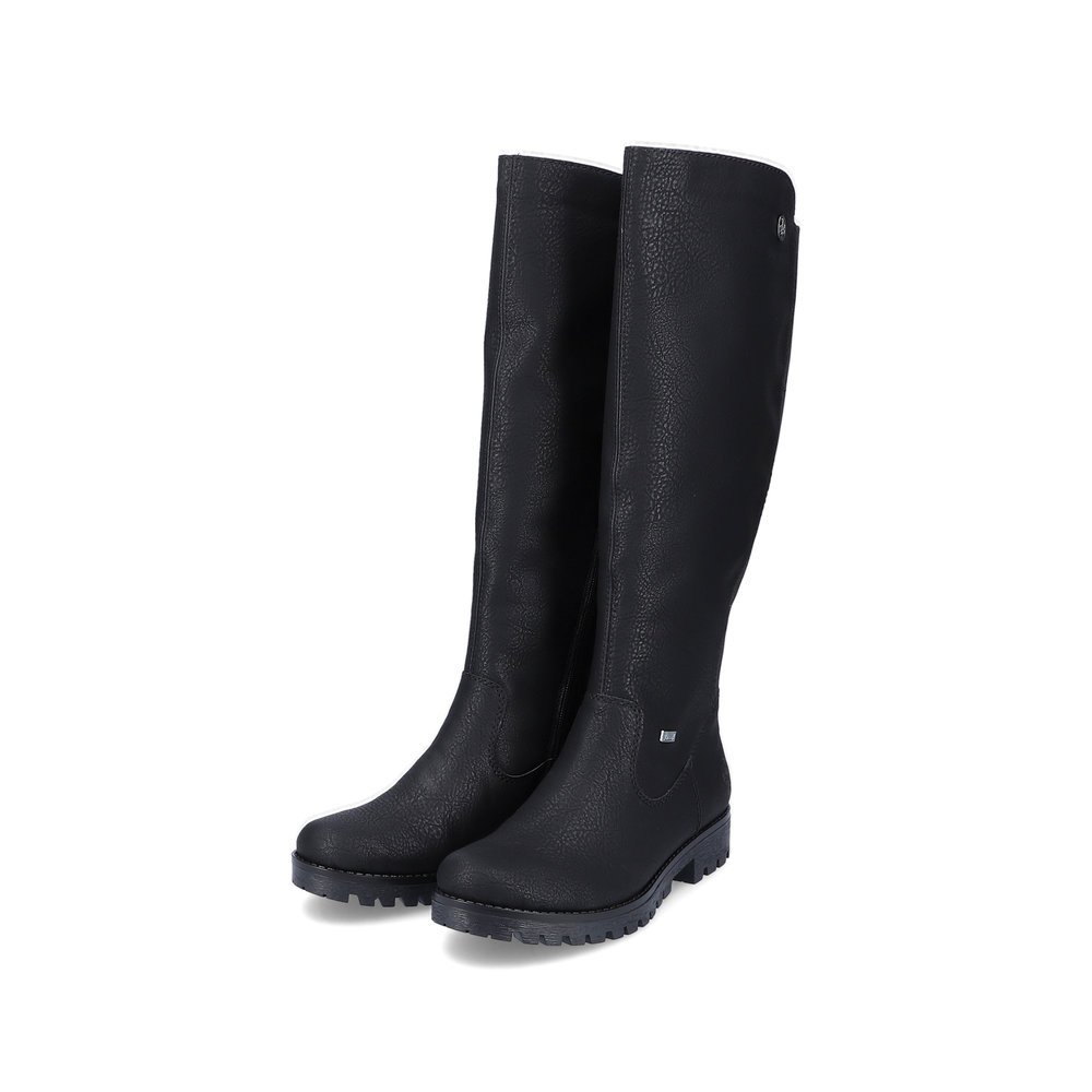 Black Rieker women´s high boots 78554-00 with RiekerTEX membrane as well as zipper. Shoes laterally.