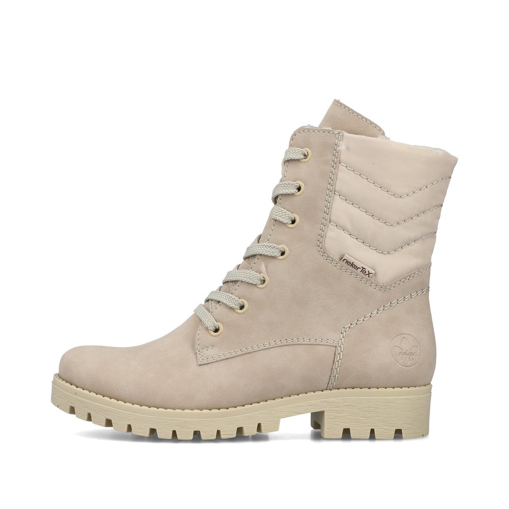 Beige Rieker Damen Schnürstiefel 78520-62 mit wasserabweisender TEX-Membran. Schuh Außenseite.