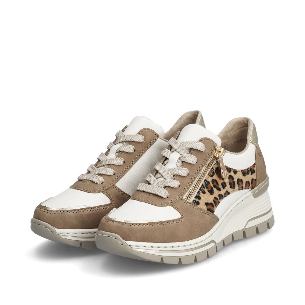 Brown Rieker women´s low-top sneakers N8308-64 with a zipper. Shoes laterally.