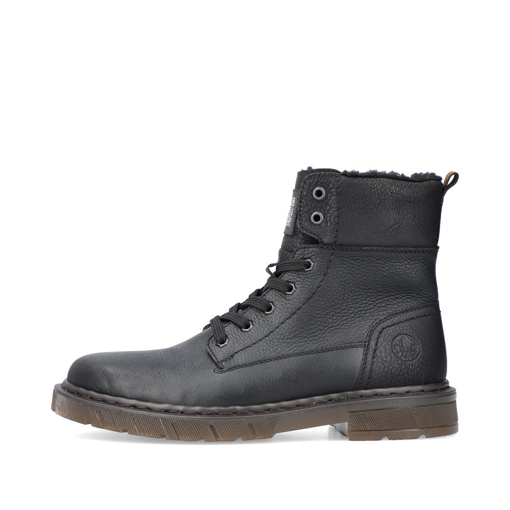 Graphite black Rieker men´s lace-up boots 31602-00 with a zipper. Outside of the shoe.