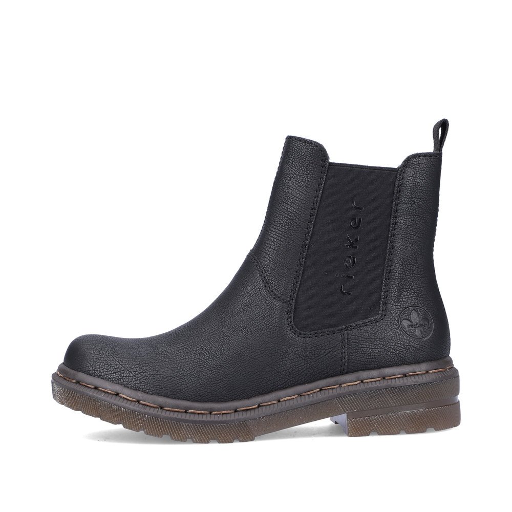 Asphalt black Rieker women´s Chelsea boots 78292-00 with a zipper. Outside of the shoe.