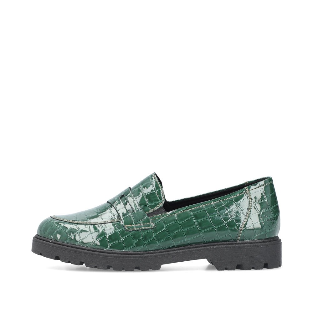 Emerald green Rieker women´s loafers 45560-54 with an extra soft cover sole. Outside of the shoe.