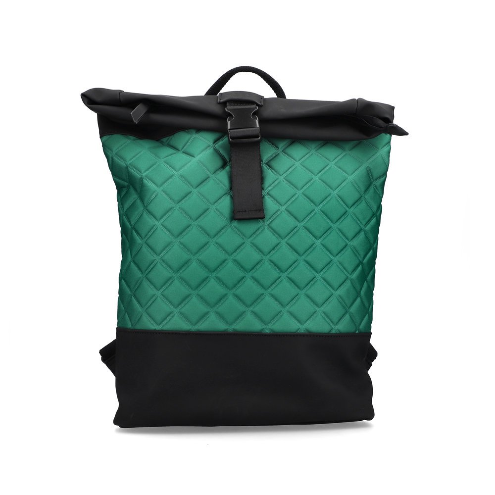 Rieker backpack H1550-54 in green and black with practical roll-top, zipper and buckle as well as a 14" laptop pocket. Front.
