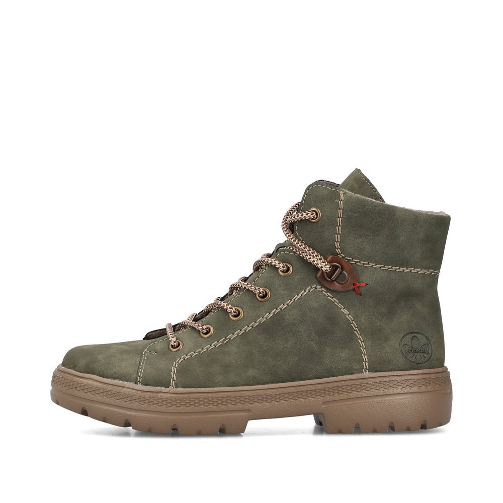 Green Rieker women´s lace-up boots N0030-54 with zipper as well as comfort width G. Outside of the shoe.