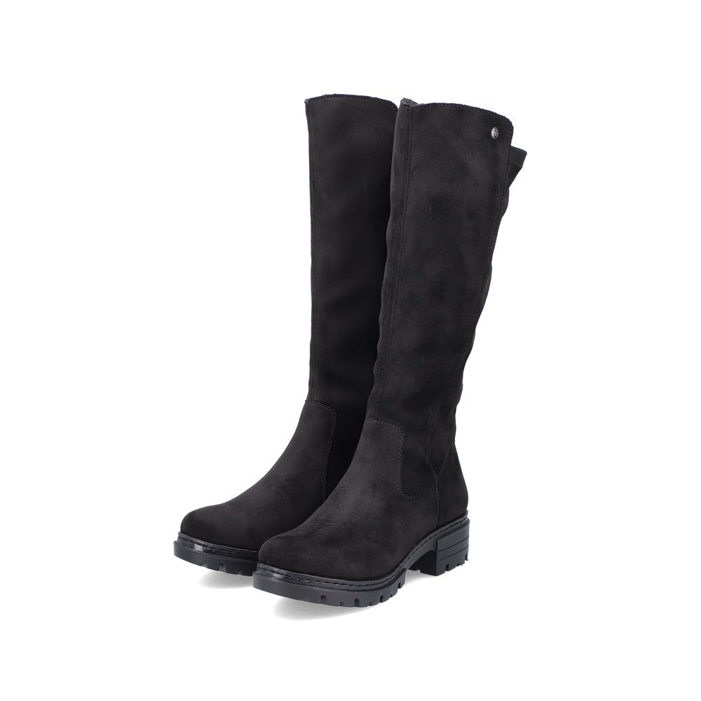 Jet black Rieker women´s high boots 76890-00 with a zipper. Shoes laterally.