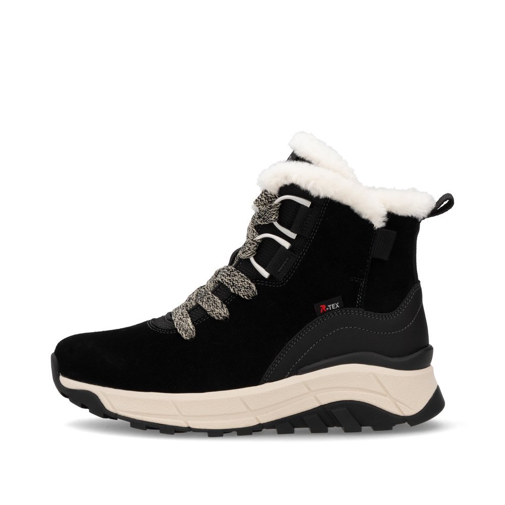 Black Rieker women´s lace-up boots W0073-00 with RiekerTEX technology. Outside of the shoe.