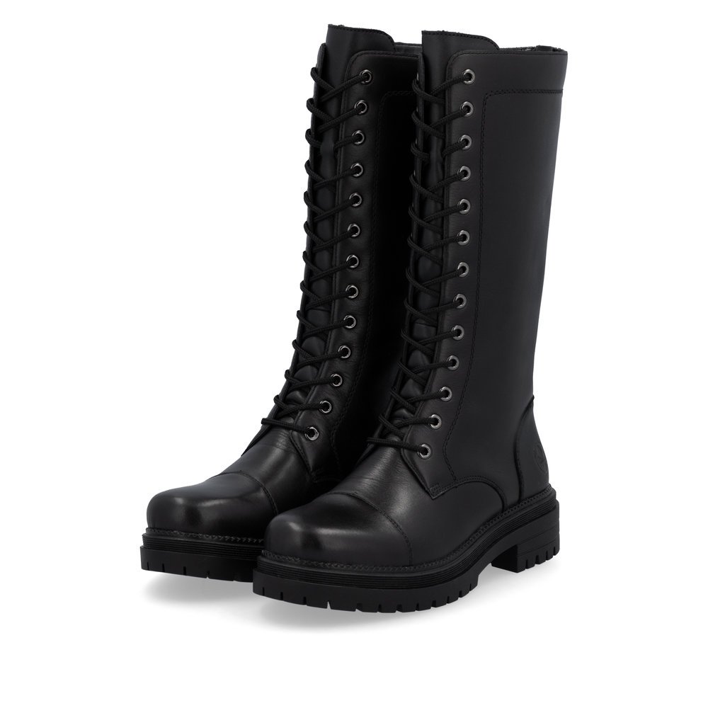 Jet black Rieker women´s high boots Y3132-00 with a zipper. Shoes laterally.