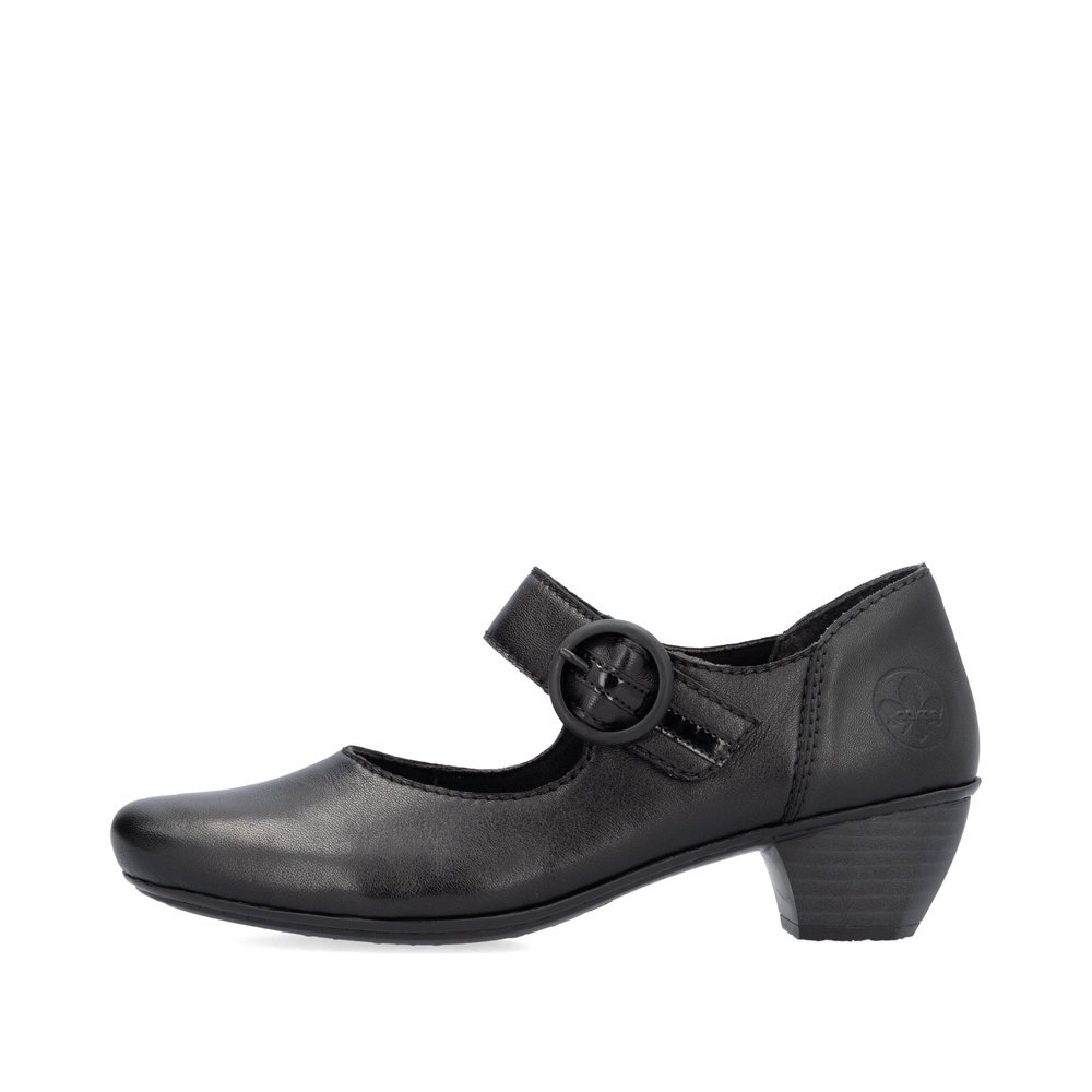 Night black Rieker women´s ballerinas 41756-00 with a hook and loop fastener. Outside of the shoe.