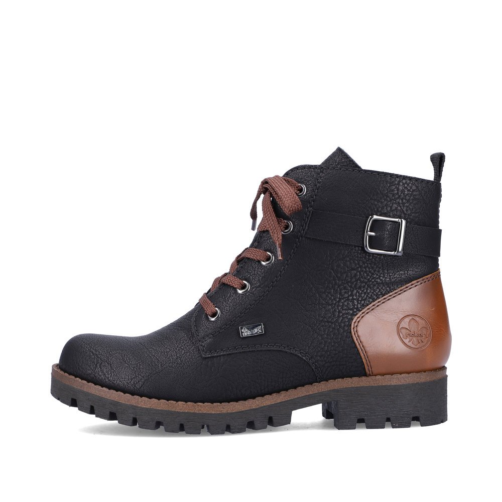 Schwarze Rieker Damen Schnürstiefel 78502-00 mit wasserabweisender TEX-Membran. Schuh Außenseite.