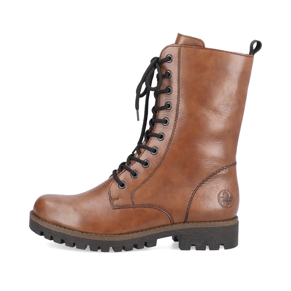 Brown Rieker women´s lace-up boots 78544-25 with a zipper as well as a grippy sole. Outside of the shoe.