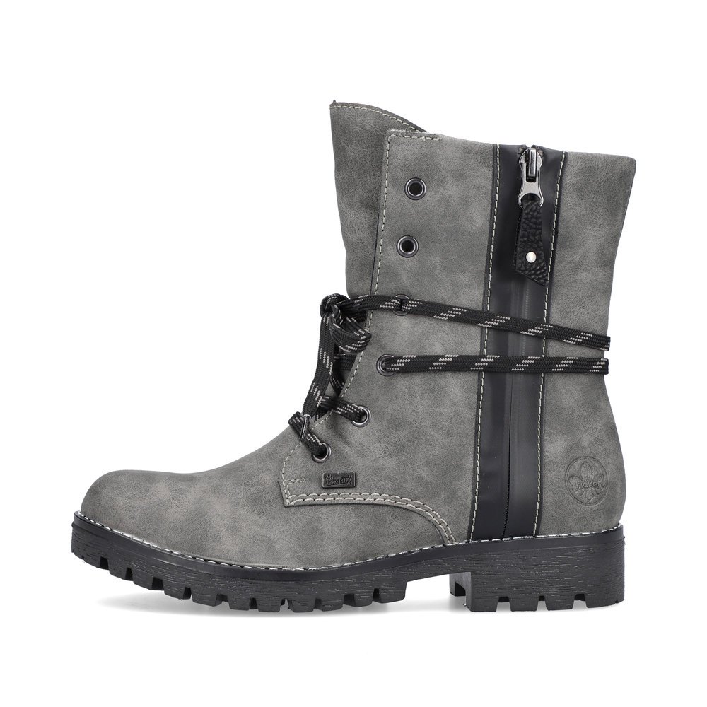 Graue Rieker Damen Schnürstiefel 785K0-45 mit wasserabweisender TEX-Membran. Schuh Außenseite.