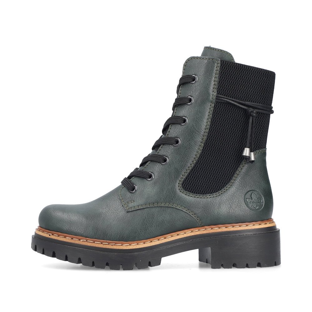 Bottes à lacets Rieker vertes pour femme 72637-54 avec corde à la mode. Côté extérieur de la chaussure.