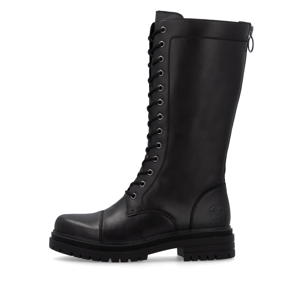 Jet black Rieker women´s high boots Y3132-00 with a zipper. Outside of the shoe.