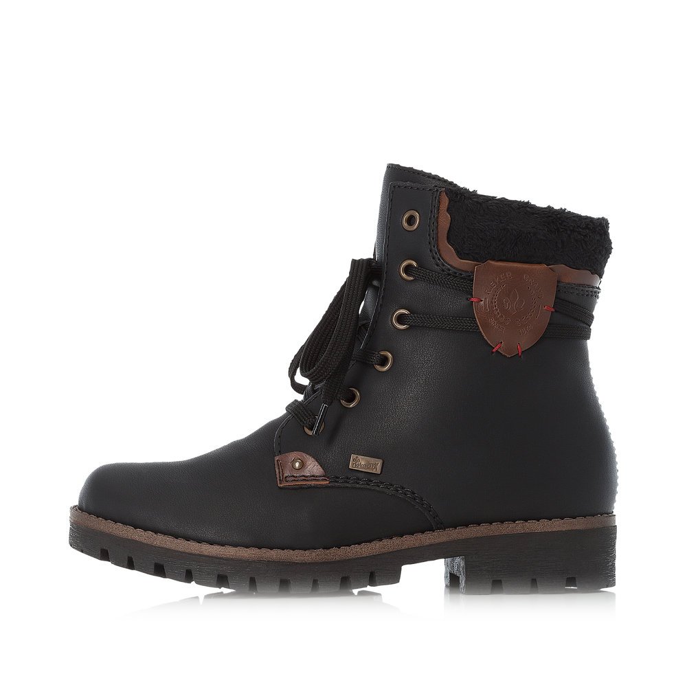 Schwarze Rieker Damen Schnürstiefel 785G5-02 mit wasserabweisender TEX-Membran. Schuh Außenseite.