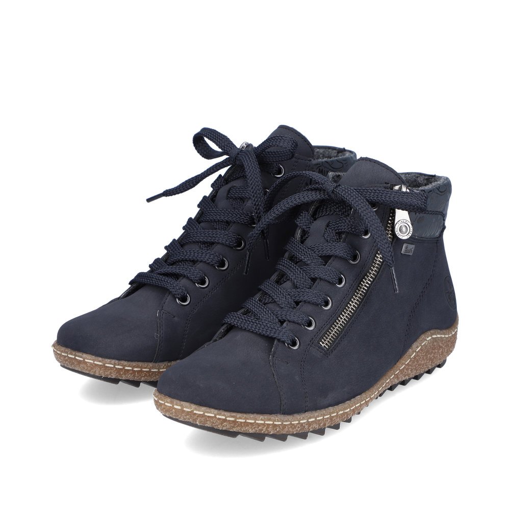 Pacific blue Rieker women´s lace-up boots L7502-14 with RiekerTEX technology. Shoes laterally.