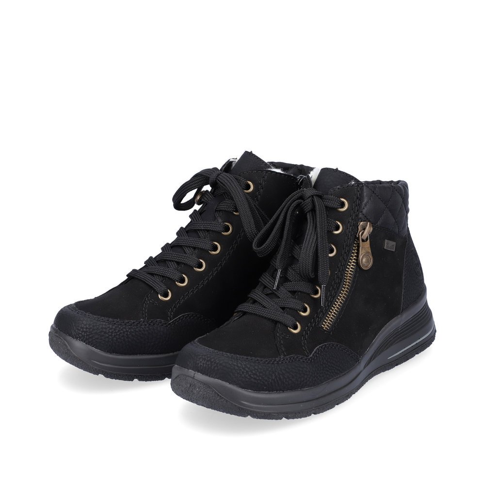 Jet black Rieker women´s lace-up shoes L7701-00 with RiekerTEX technology. Shoes laterally.