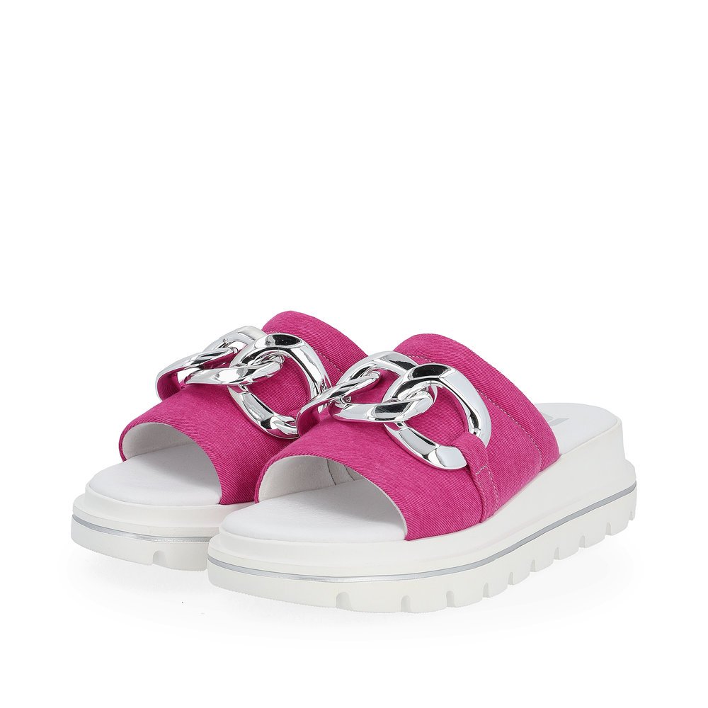 Pink Rieker women´s mules W1652-31 with an ultra light sole with wedge heel. Shoes laterally.