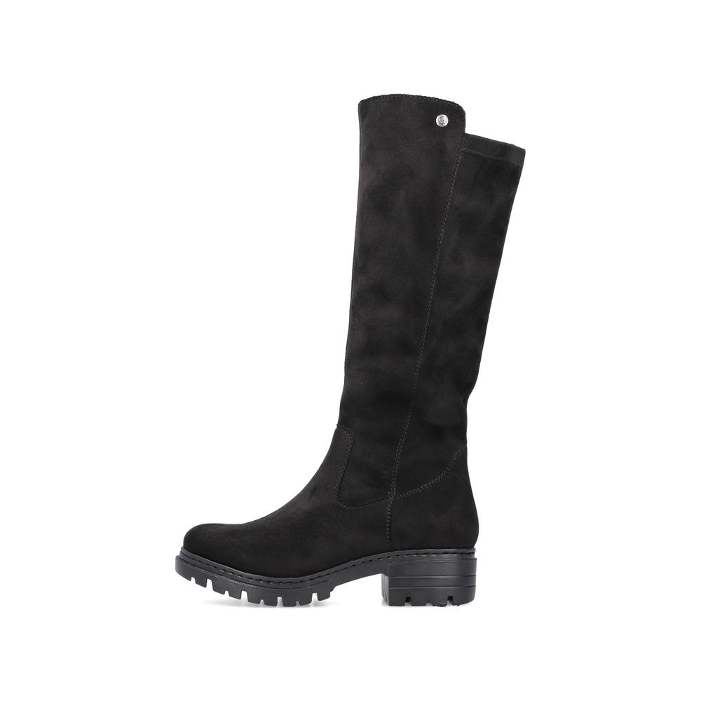 Jet black Rieker women´s high boots 76890-00 with a zipper. Outside of the shoe.