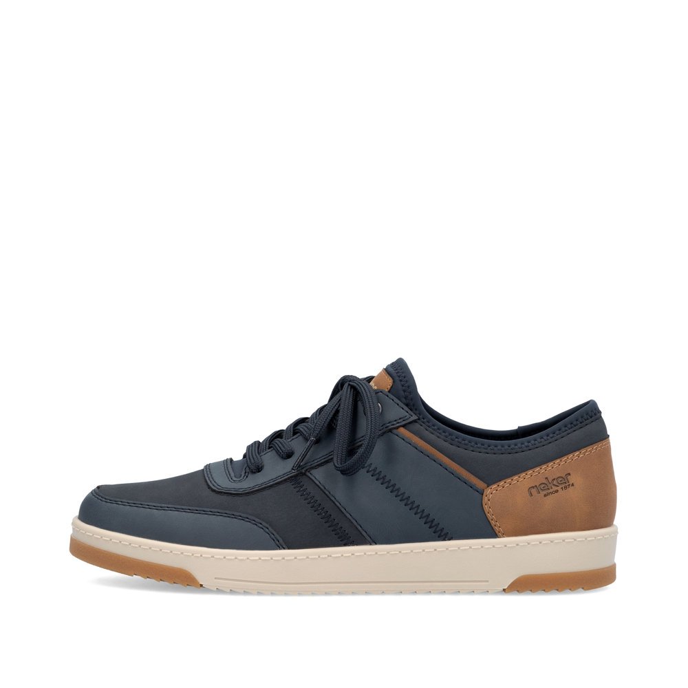 Pacific blue Rieker men´s low-top sneakers 17550-14 with a brown details. Outside of the shoe.