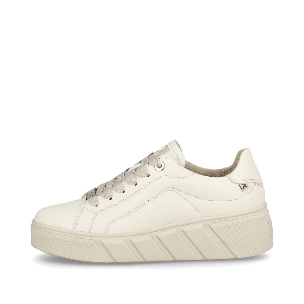 White Rieker women´s low-top sneakers W0503-80 with an ultra light platform sole. Outside of the shoe.