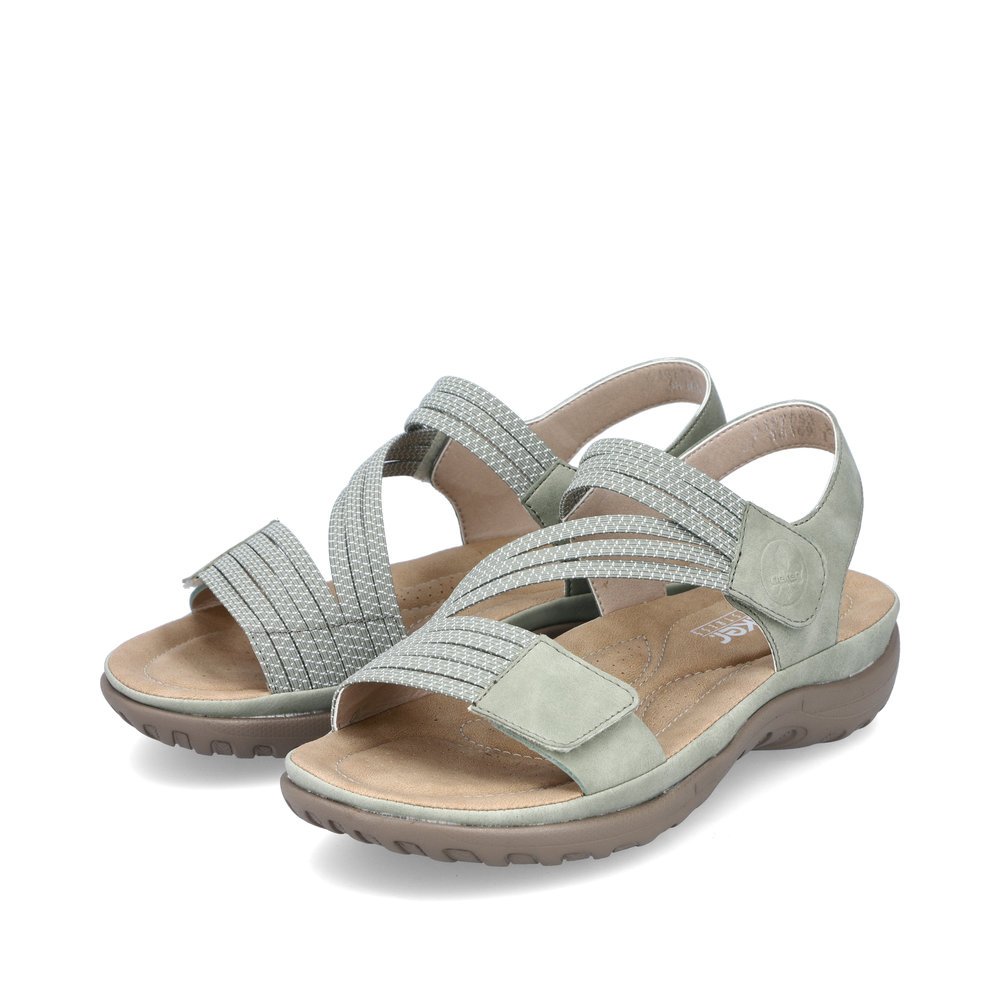Mint green Rieker women´s strap sandals 64870-52 with a hook and loop fastener. Shoes laterally.