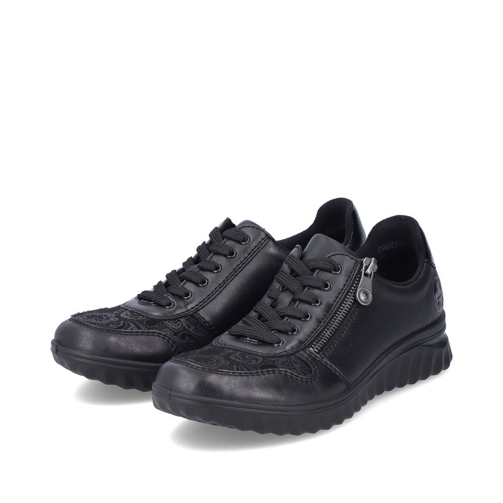 Black Rieker women´s lace-up shoes 59001-00 with zipper as well as removable insole. Shoes laterally.