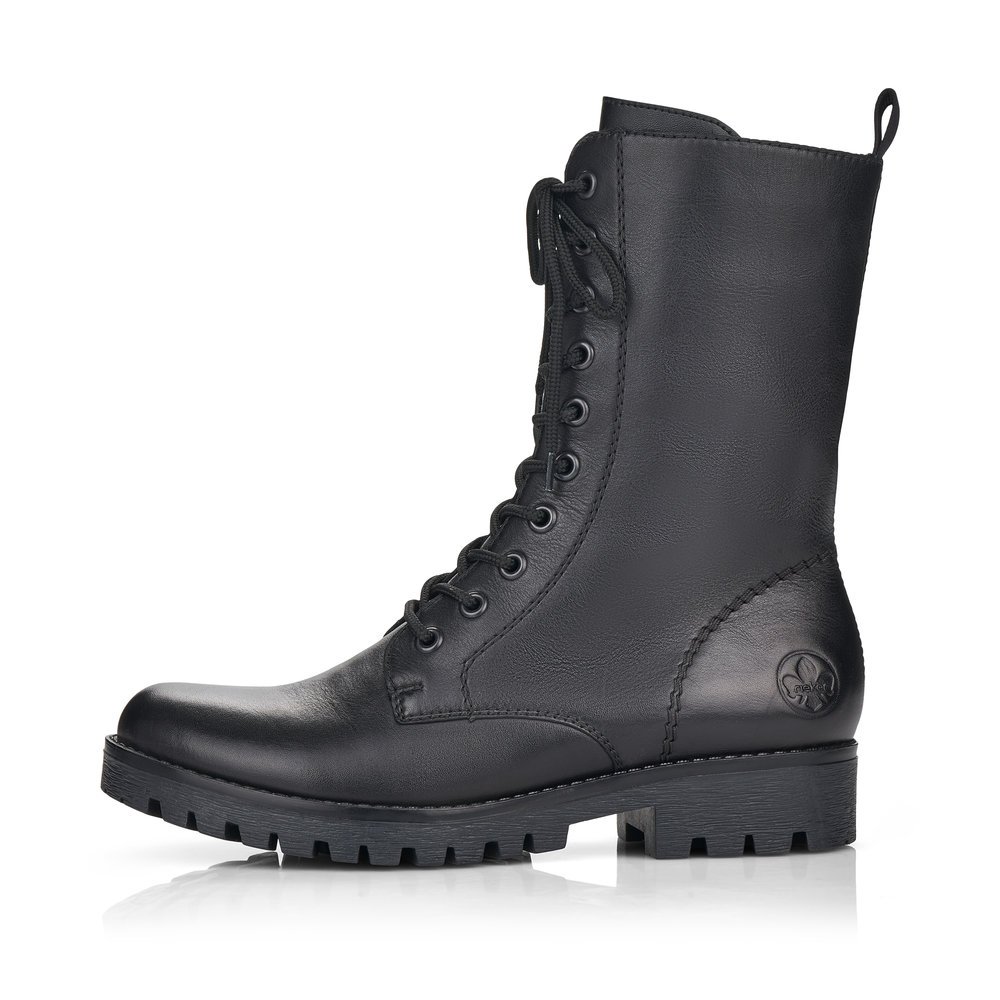 Jet black Rieker women´s lace-up boots 78544-00 with zipper as well as grippy sole. Outside of the shoe.