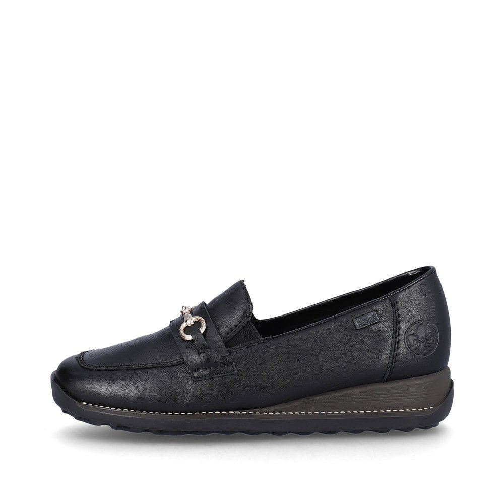 Night black Rieker women´s loafers 44285-00 with RiekerTEX technology. Outside of the shoe.