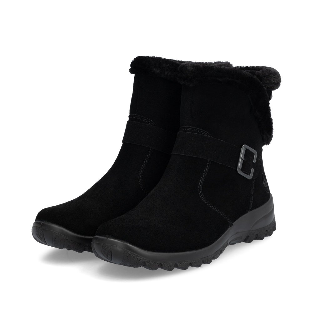 Jet black Rieker women´s ankle boots L7179-00 with RiekerTEX technology. Shoes laterally.