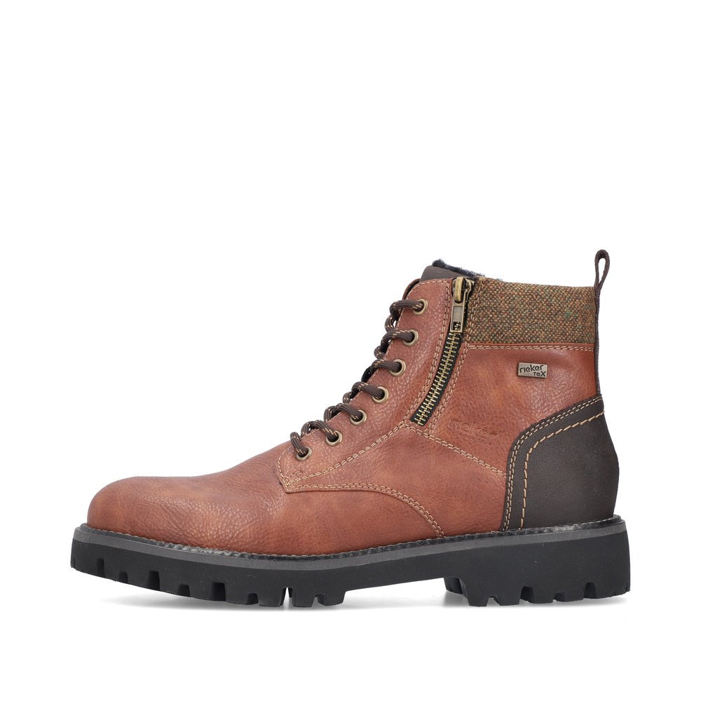 Brown Rieker men´s lace-up boots 30410-24 with RiekerTEX membrane as well as zipper. Outside of the shoe.