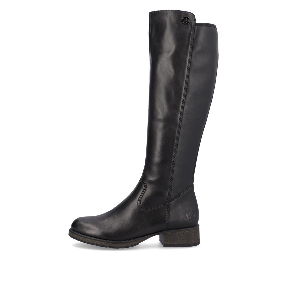 Jet black Rieker women´s high boots Z9591-01 with a zipper. Outside of the shoe.