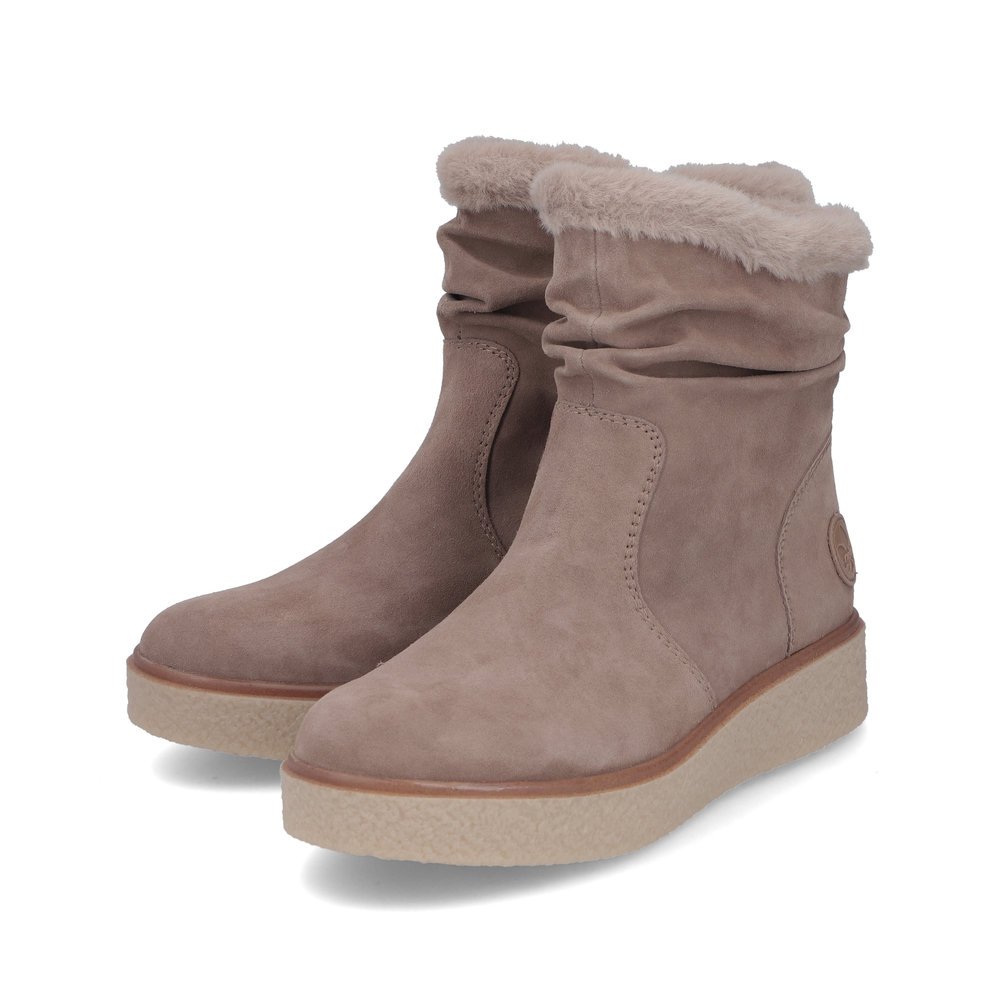 Brown Rieker women´s ankle boots Y0070-24 with a gathered look as well as a zipper. Shoes laterally.