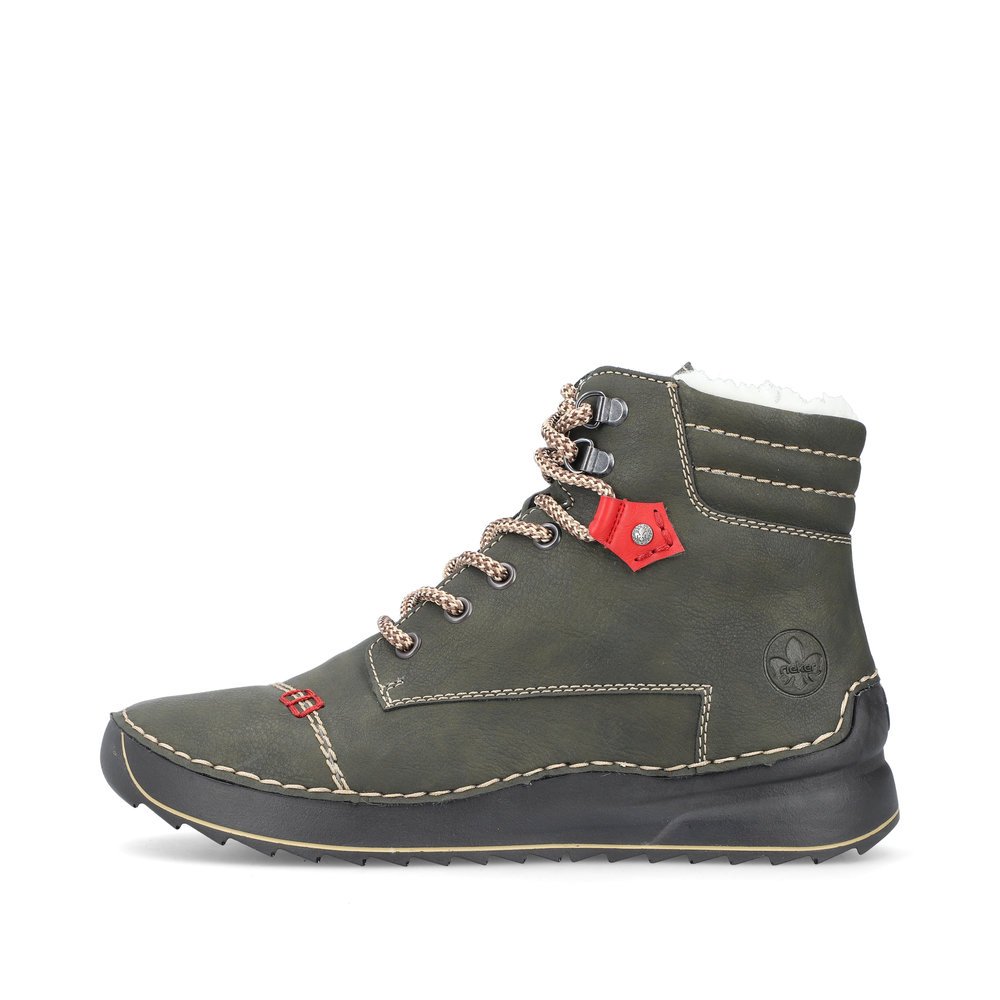 Grey-green Rieker women´s lace-up boots 51545-54 with a zipper. Outside of the shoe.