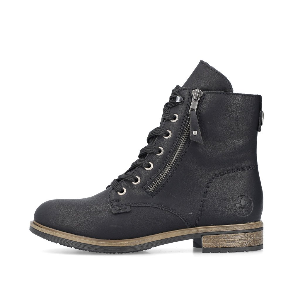 Asphalt black Rieker women´s lace-up boots 72221-00 with a zipper. Outside of the shoe.